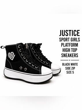 Justice Sport Girls Platform High Top Sneakers Black White Side Zip Size 5